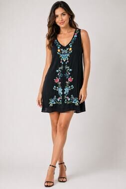 The Cove Black Embroidered Floral Sleeveless V-Neck Boho Mini Dress Women’s M